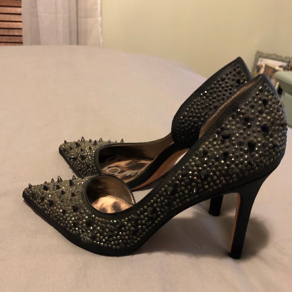 Sam Edelman Black Rhinestone & Spike Pointed-Toe Heels